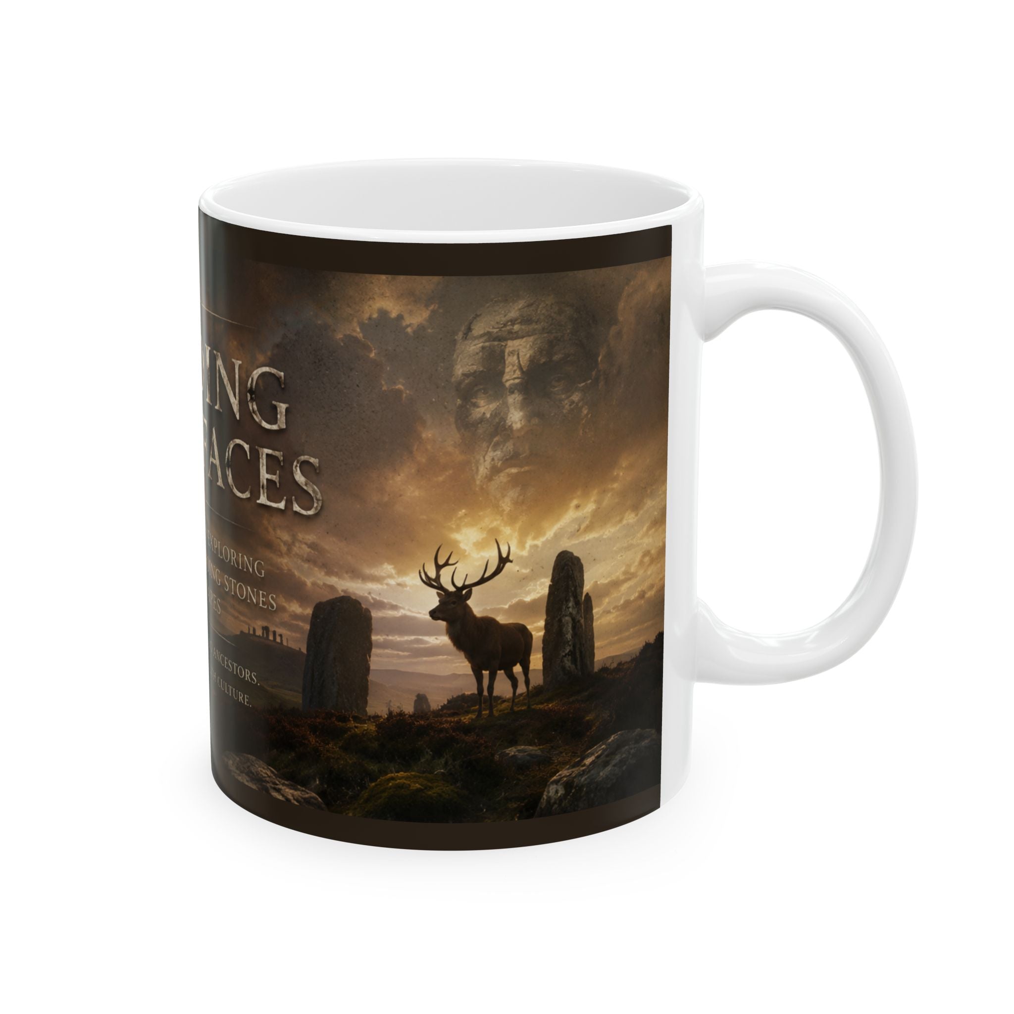 Standing Stone Faces Ceramic Mug — Mystical Standing Stones Landscape Coffee Cup (11oz/15oz)
