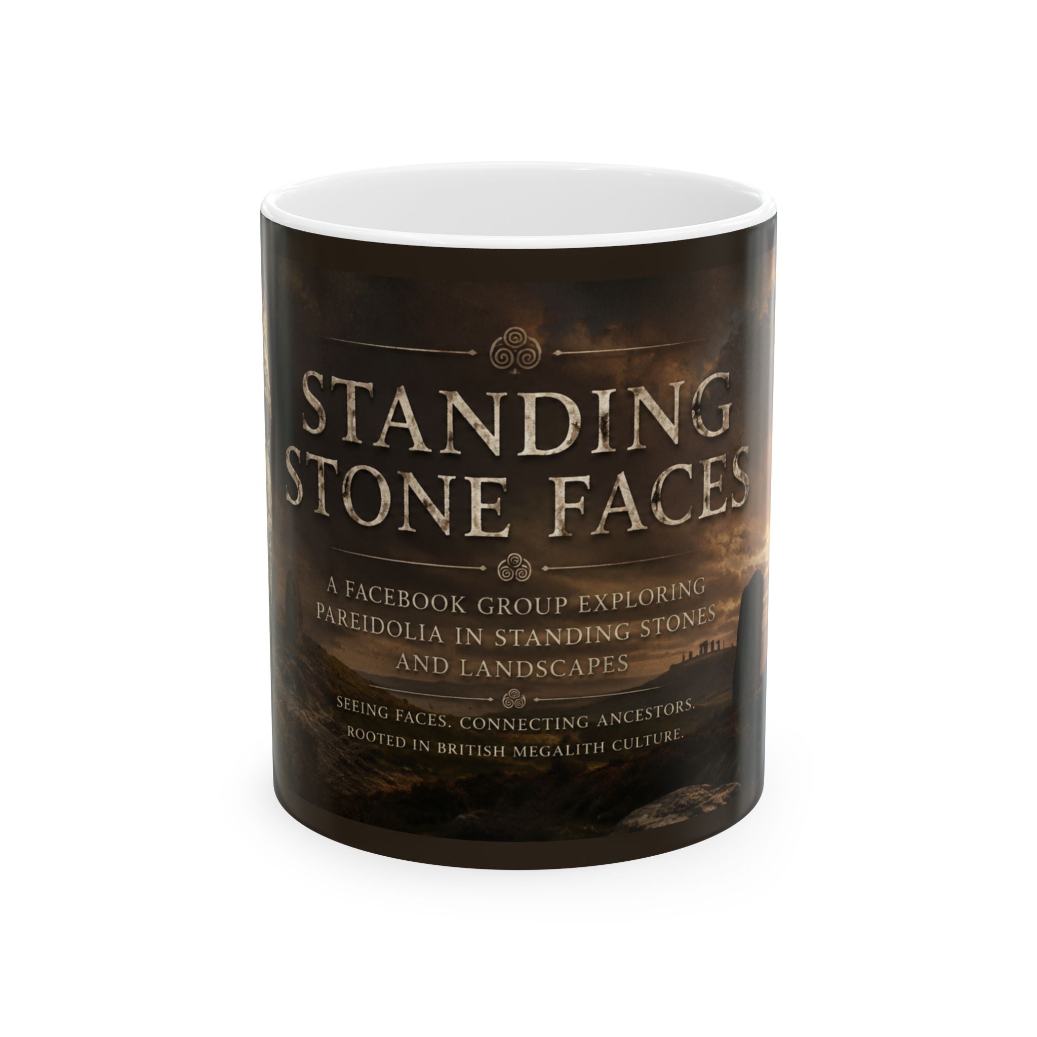 Standing Stone Faces Ceramic Mug — Mystical Standing Stones Landscape Coffee Cup (11oz/15oz)